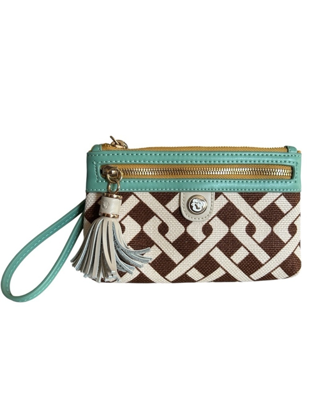 Spartina 449 Madison Tassel Wristlet Linen Basketweave Pattern with Aqua Trim
